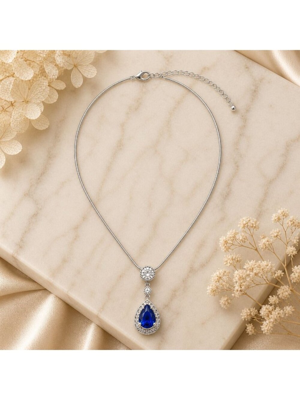 Swarovski Crystal Necklace Sapphire Teardrop Sterling Overlay Blue Vintage 2000s